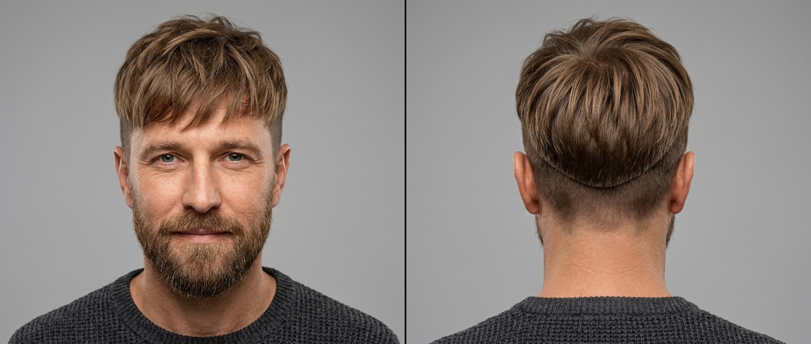 Front and back view of a mature man with a beard wearing a textured Korean Two-Block haircut, featuring short disconnected sides and a messy fringe.