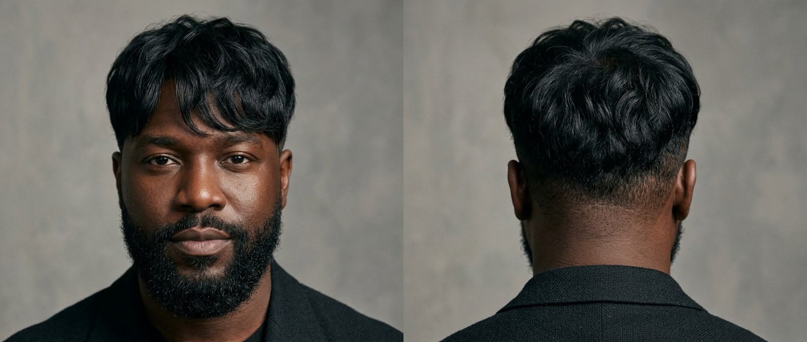 Black man with a beard wearing a Korean Two-Block haircut featuring a wavy, textured fringe and very short tapered sides.