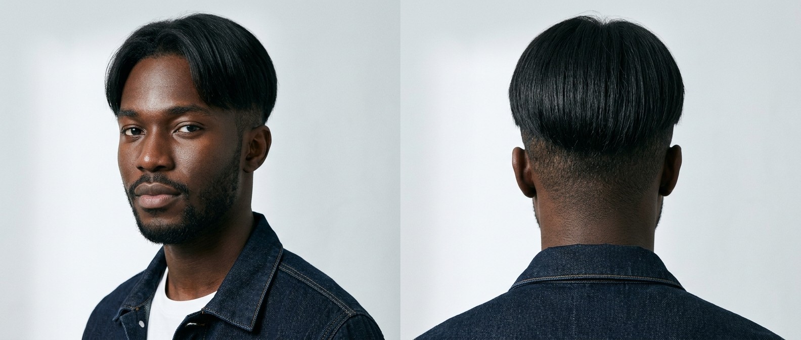 Black male model wearing a sleek, straight middle-part Korean two-block hairstyle with a sharp disconnected undercut and a short beard.