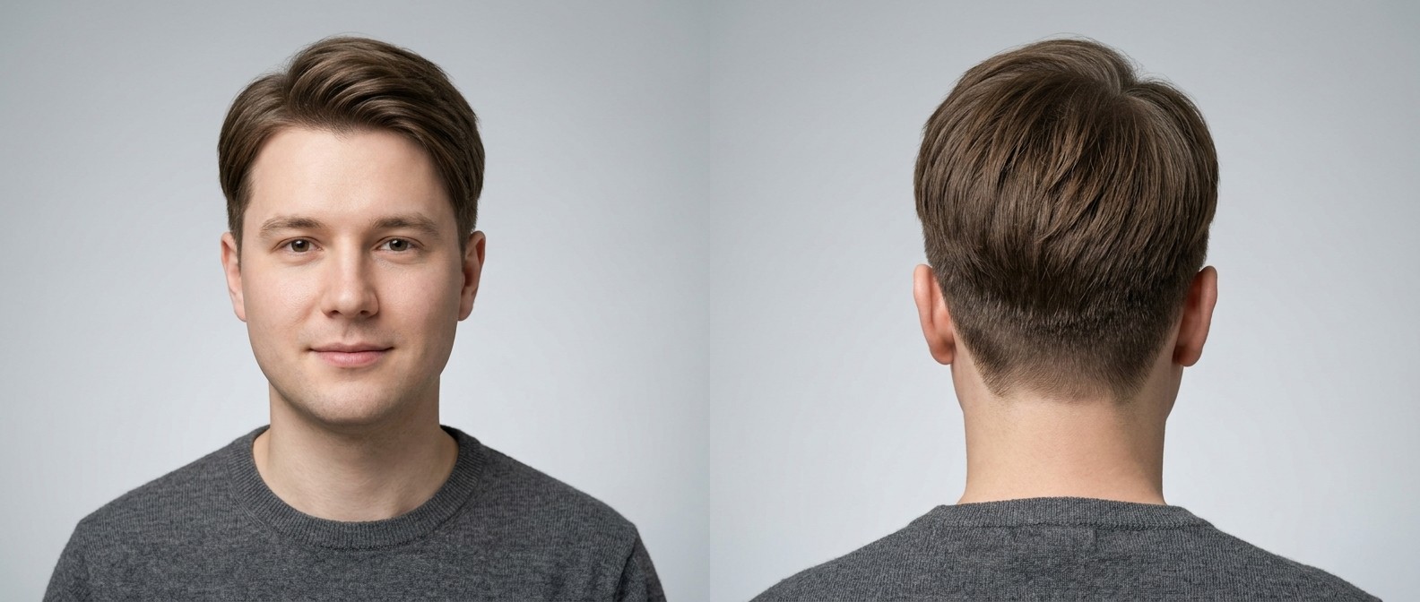 Front and back view of a Caucasian man with fine brown hair modeling a classic soft Korean Two-Block hairstyle with a swept asymmetrical side part.