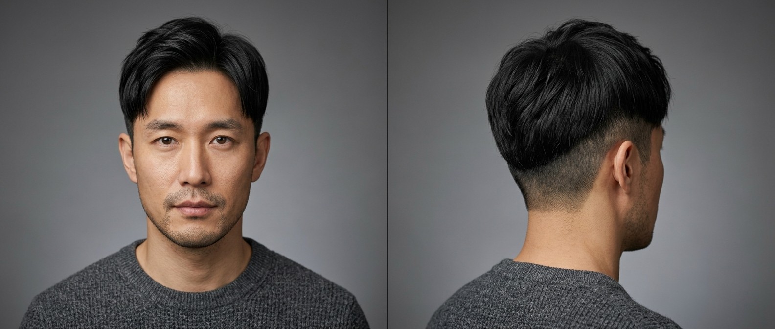 Asian man with an olive complexion sporting a modern Korean Two-Block haircut featuring a tightly buzzed undercut and a textured, swept-back top.