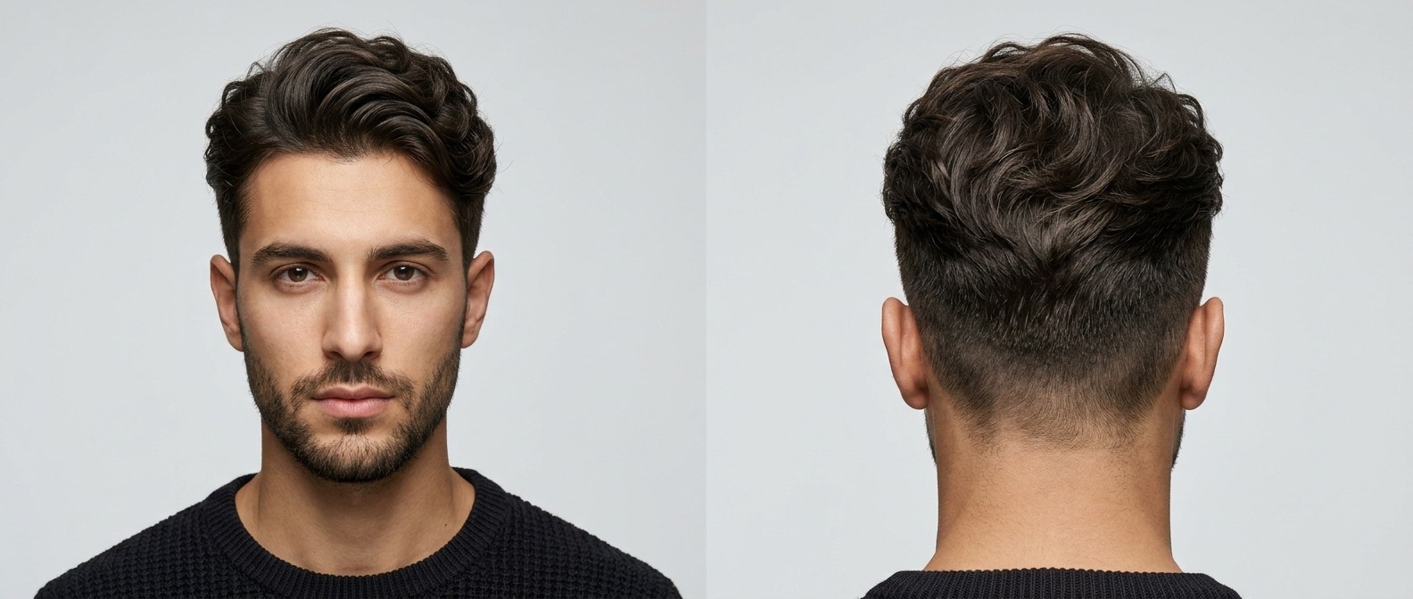 Front and back view of a young Caucasian man with a wavy Korean Two-Block haircut, featuring very short tapered sides and a medium textured top.