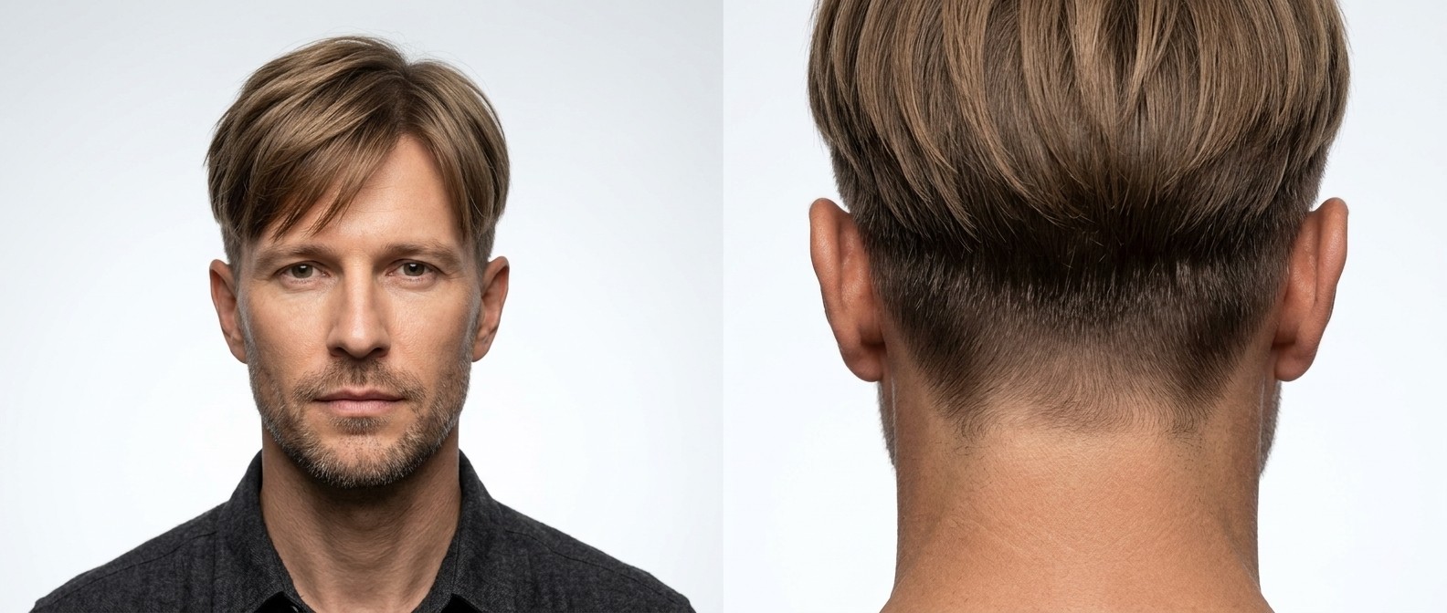 Mature Caucasian man with a Korean Two-Block haircut featuring very short clippered sides and a medium-length straight top with a sweeping fringe.