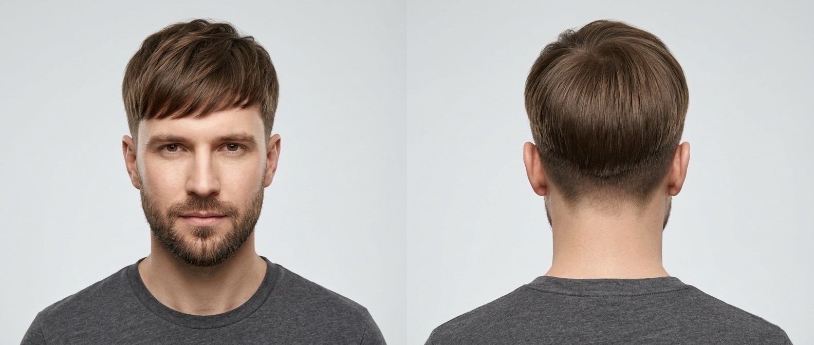 Front and back view of a Caucasian man with a brown, textured Korean Two-Block haircut featuring a forward-swept fringe and very short buzzed sides.