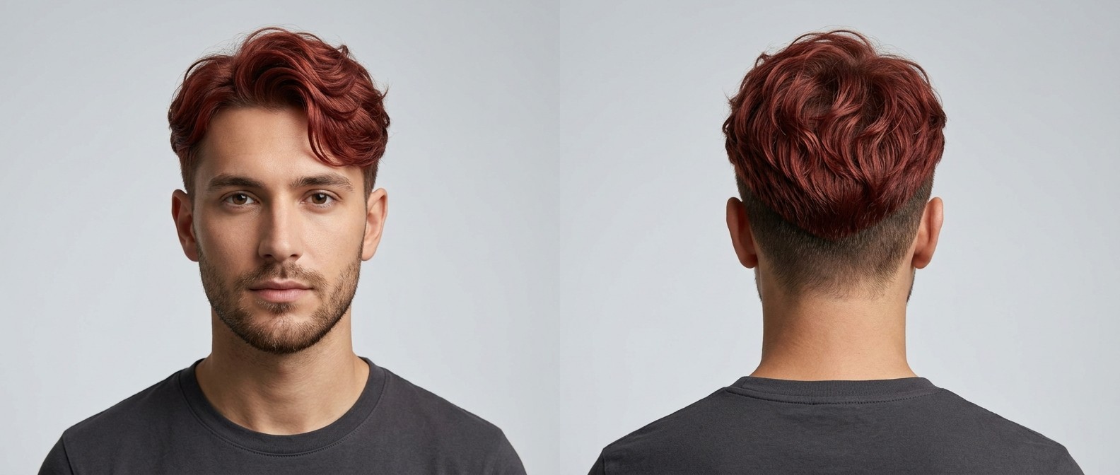 Front and back view of a young man with a wavy red Korean two-block haircut, featuring a sweeping fringe and a dark disconnected undercut.