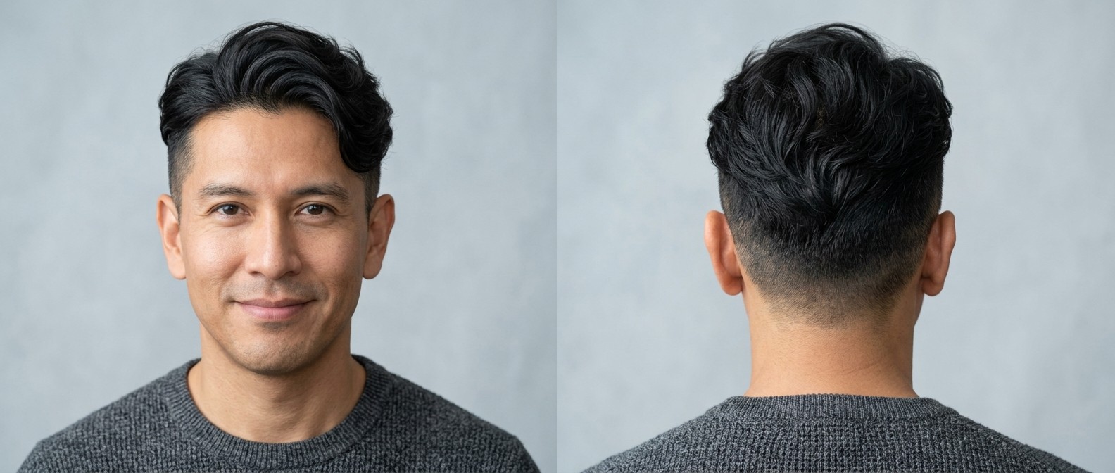 Front and back view of a mature man with a wavy Korean Two-Block haircut, featuring very short buzzed sides and a swept-back, voluminous top.