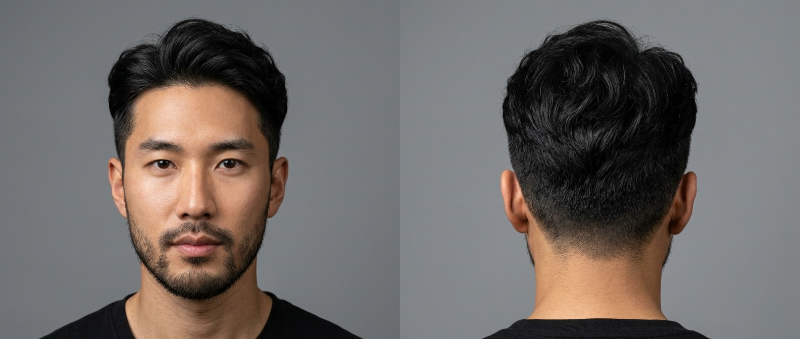 Asian man with a wavy Korean Two-Block haircut, featuring very short tapered sides, a medium-length swept-back top, and a neat short beard.
