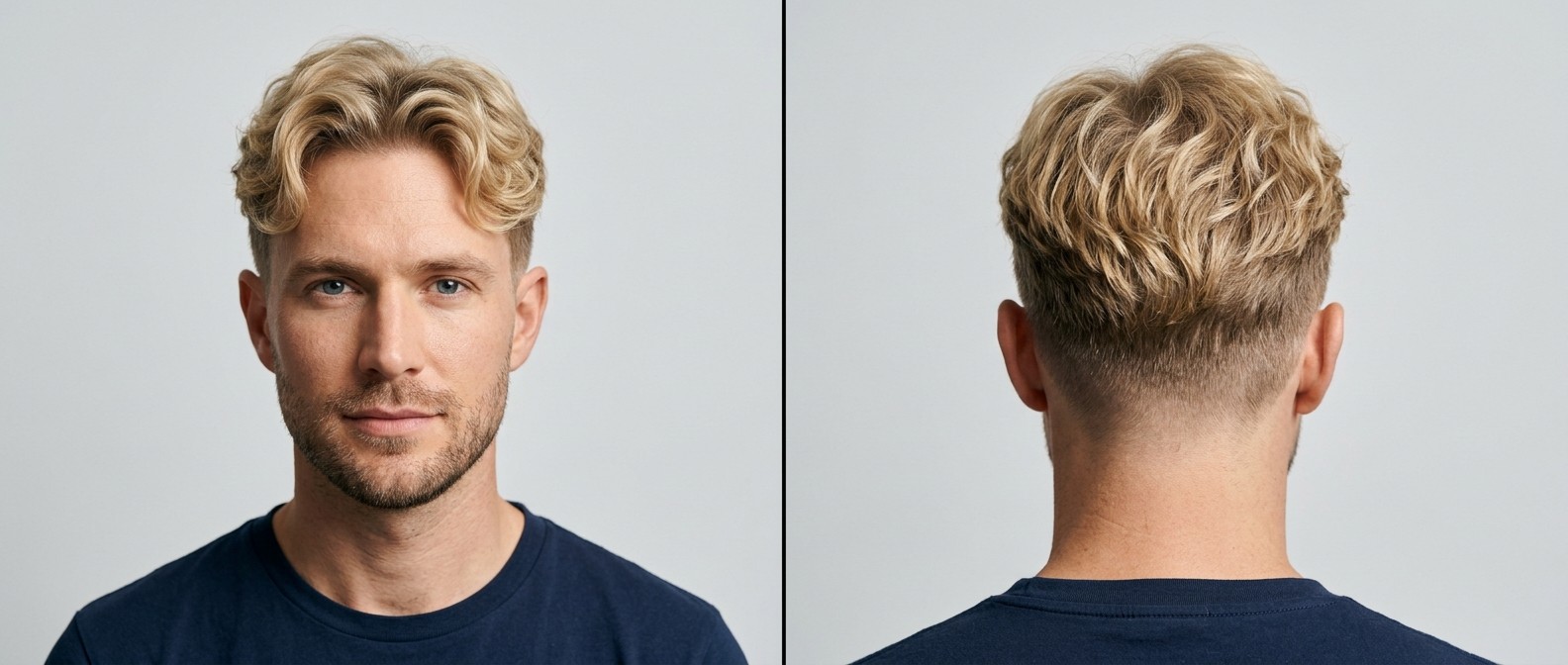 Front and back view of a blonde man with a wavy Korean Two-Block haircut, featuring a curtain middle part and tightly faded undercut sides.