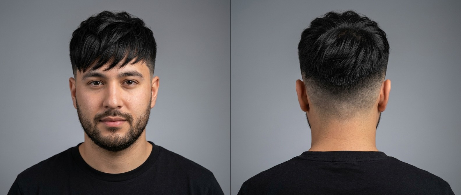 Front and back view of a young man with a Korean Two-Block haircut, featuring a textured forward fringe, skin fade, and a short beard.