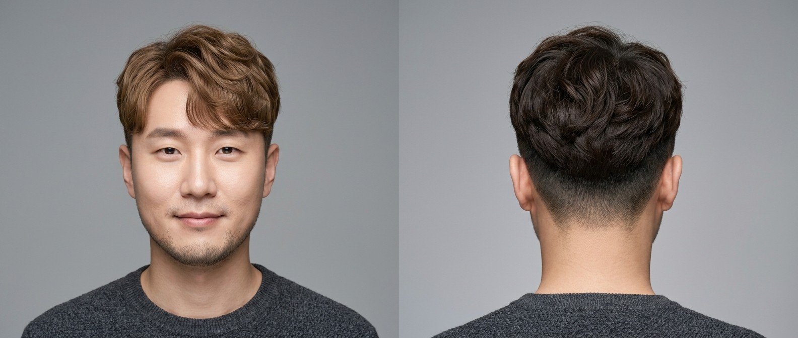 Asian man with light stubble modeling a wavy Korean Two-Block haircut, featuring short tapered sides and a textured, medium-length sweeping fringe.