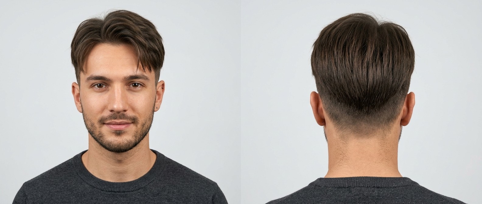 Front and back view of a young Caucasian man with an oval face modeling a straight, dark brown Korean Two-Block haircut with a soft curtain fringe.