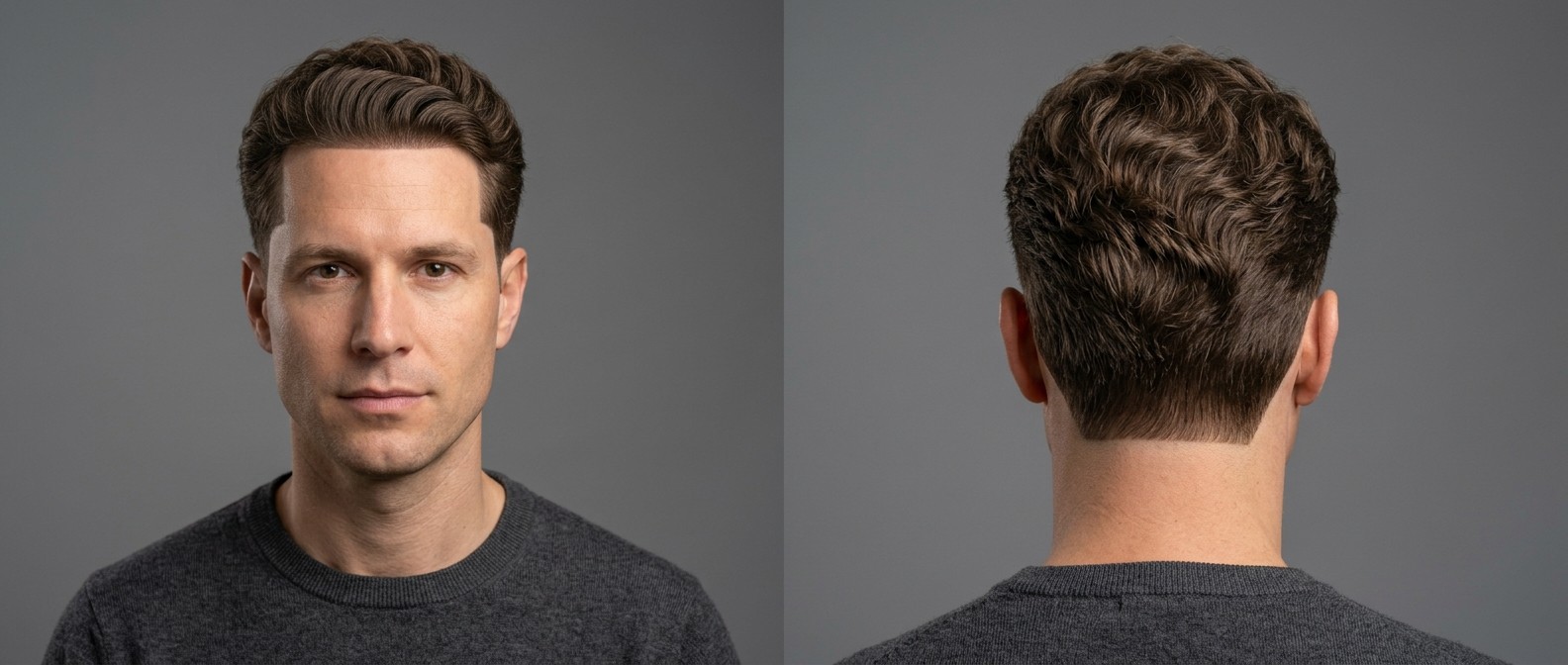 Front and back view of a man with medium brown wavy hair swept back, featuring a razor-sharp geometric front line-up and a squared block neckline.