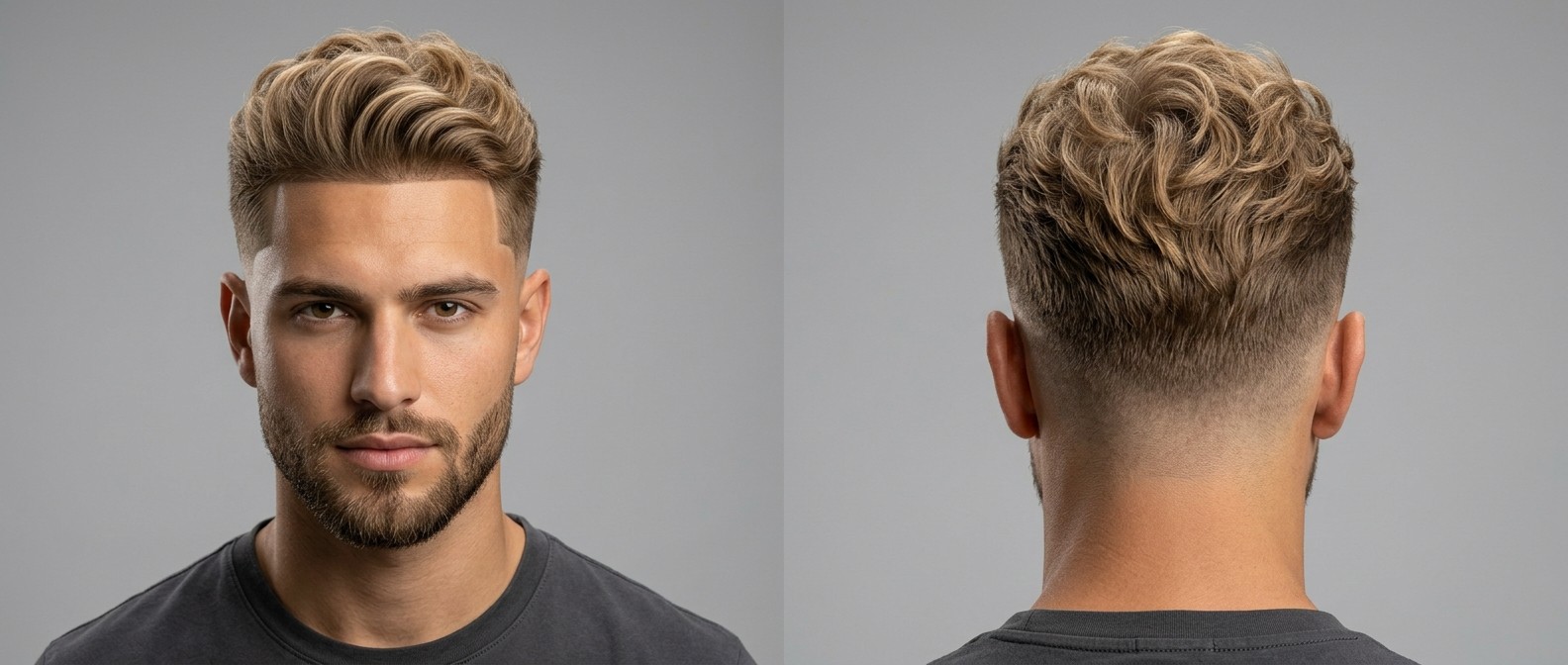 Young man with blonde wavy hair featuring a sharp front line-up, mid skin fade, and a textured top, paired with a neatly trimmed short beard.