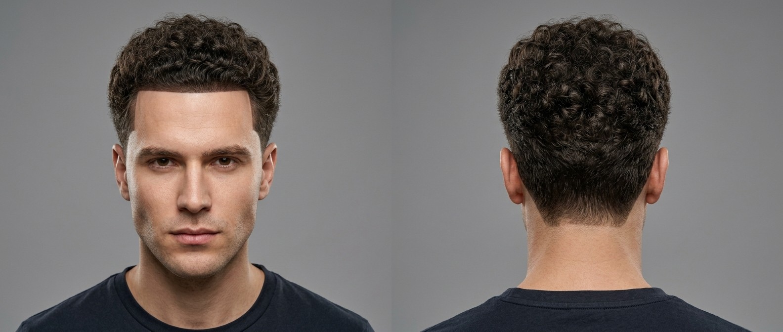 Vorder- und Rückansicht eines Mannes mit dichtem, sehr lockigem dunklen Haar, präzisem Shape-up Line-up und kurzen, getaperten Seiten.