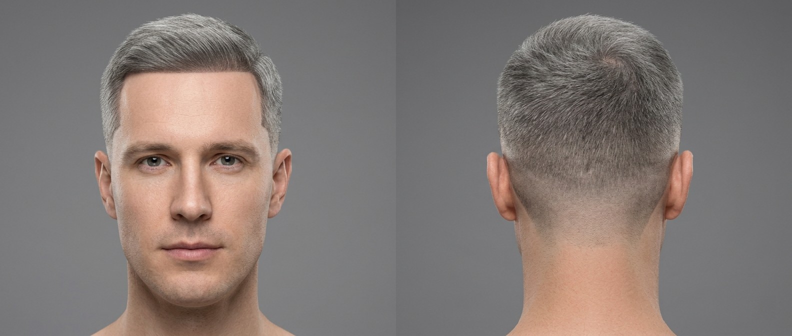 Vorder- und Rückansicht eines Mannes mit silbernem Haar, präzisem Shape-up, seitlichem Deckhaar und Tapered Sides vor grauem Hintergrund.
