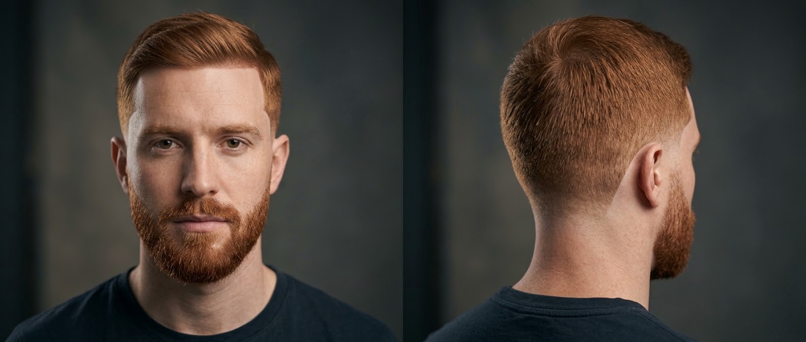 Homme aux cheveux roux et barbe soignée avec coupe line-up précise, taper fade et dessus balayé sur le côté.
