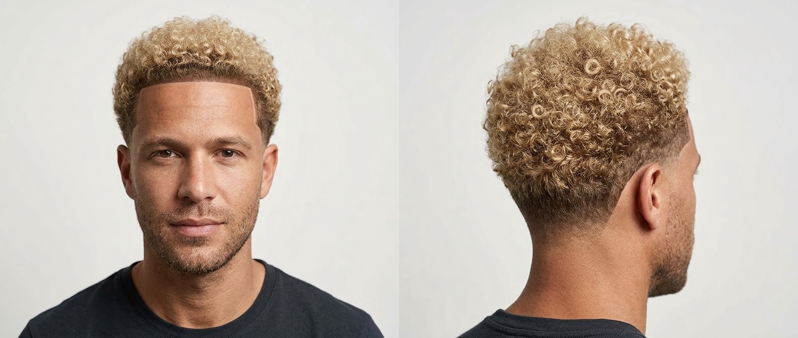 Man with medium skin and blonde Type 4 curly hair featuring a razor-sharp front line-up, tapered sides, and a rounded, voluminous top silhouette.