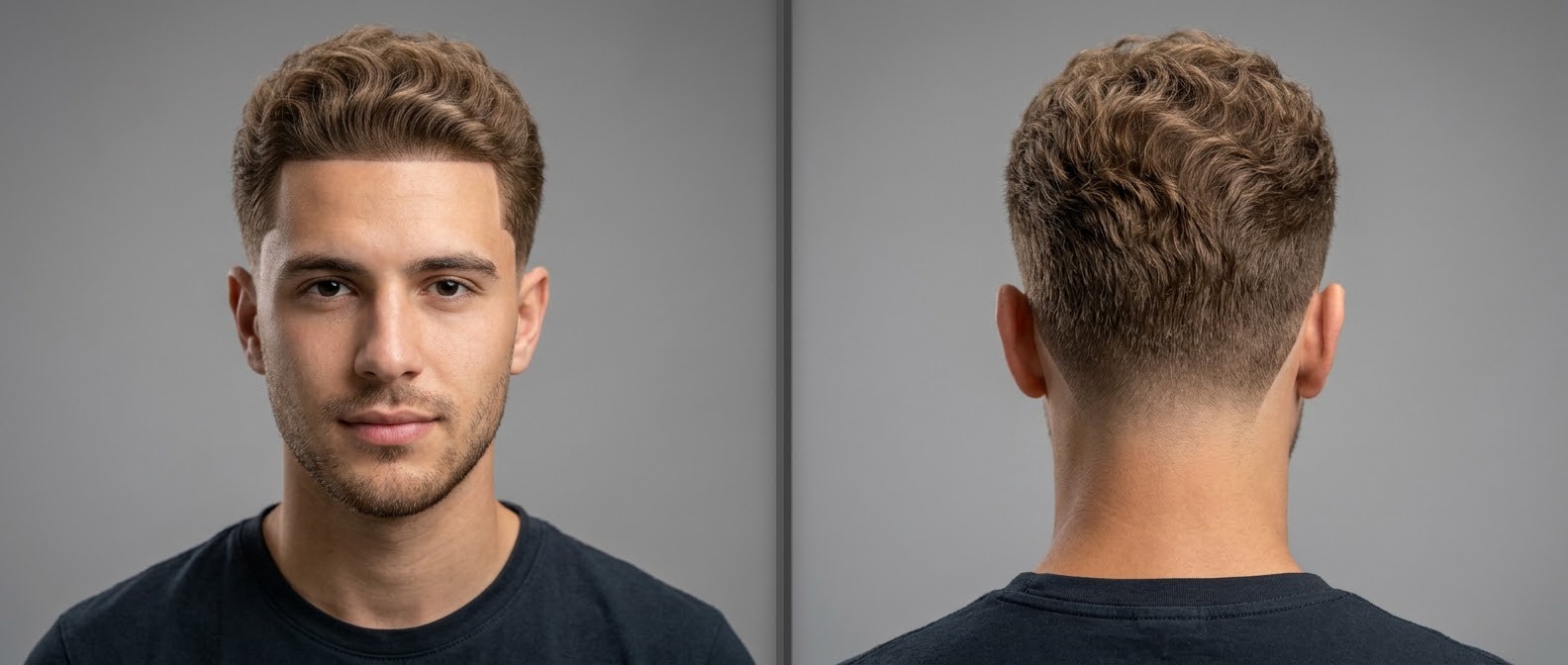 Young man with a wavy taper fade haircut, featuring a crisp front line-up shape-up, natural light brown texture, and a clean stubble beard.