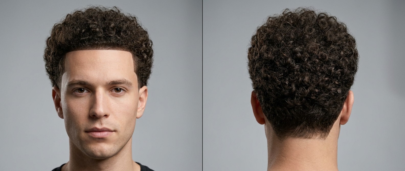 Front- und Rückansicht eines Mannes mit dichtem Type 4 Afro, scharfem Line-Up und definierter, runder Silhouette.
