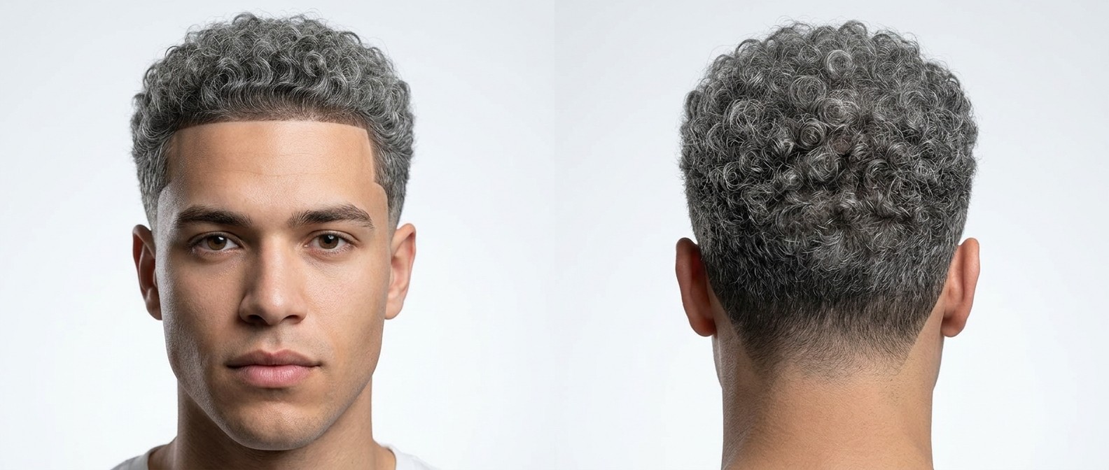 Junger Mann mit silber-grauem Curly Shape-Up, scharfem Line-Up und Type 4 Locken, Ansicht von vorne und hinten.