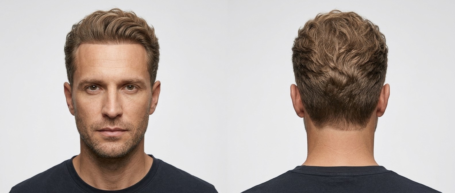 Vorder- und Rückansicht eines 35-45-jährigen Mannes mit präzisem Line-up, texturiertem Wellen-Top und kurzen, getaperten Seiten.