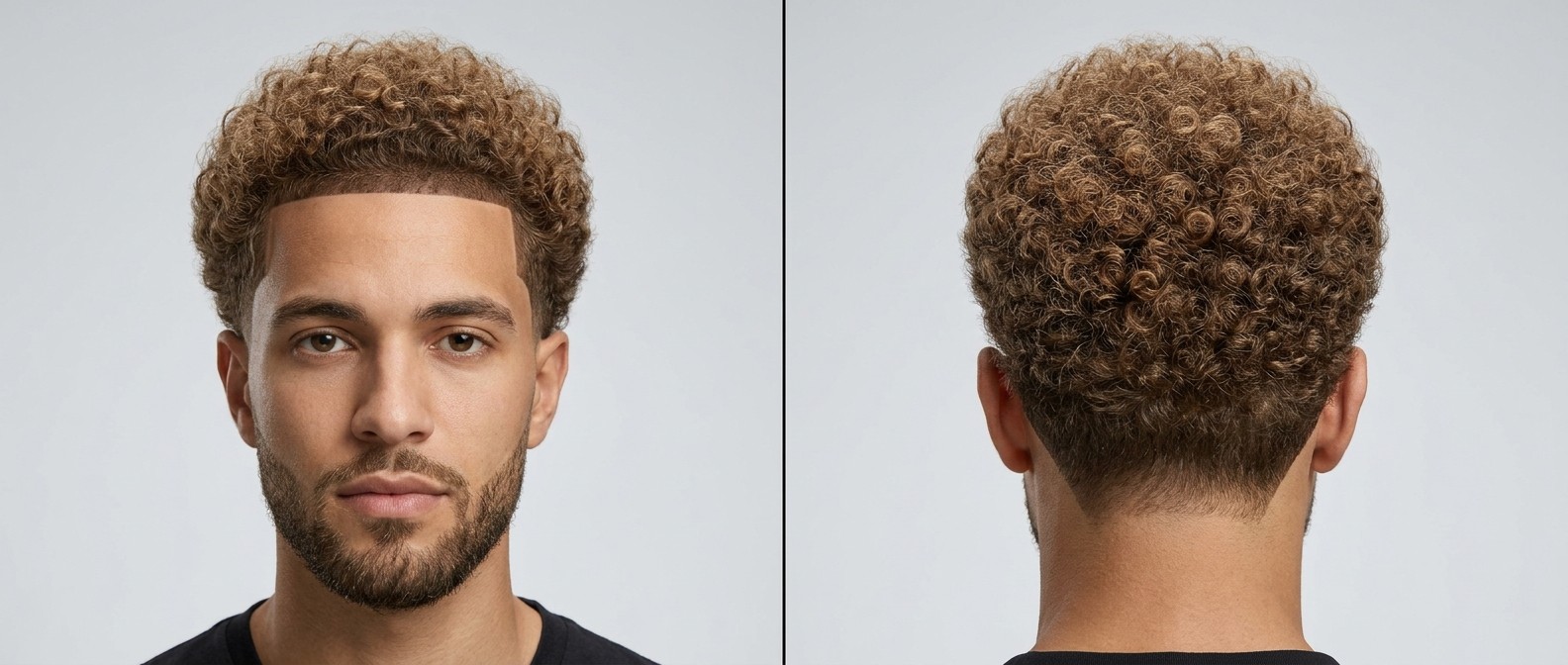 Front and back view of a young man with a crisp line-up shape-up, low taper fade, and tightly coiled light brown Type 4 curls with a short beard.