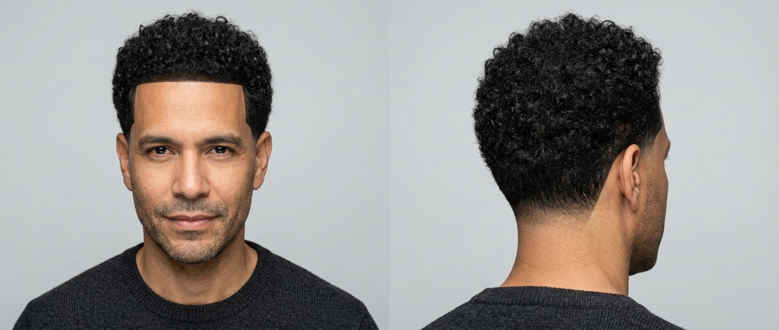 Close-up portrait of a Latino man over 45 sporting a sharp line-up haircut, low taper fade, and natural Type 4 curly afro hair with a neat stubble beard.