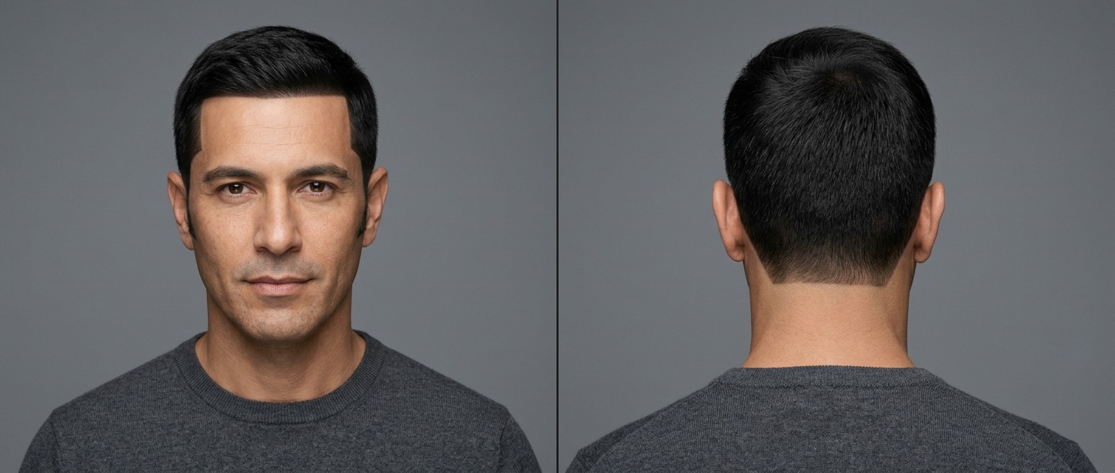 Front and back view of a mature man with olive skin and straight black hair featuring an ultra-precise line-up, squared neckline, and naturally swept top.