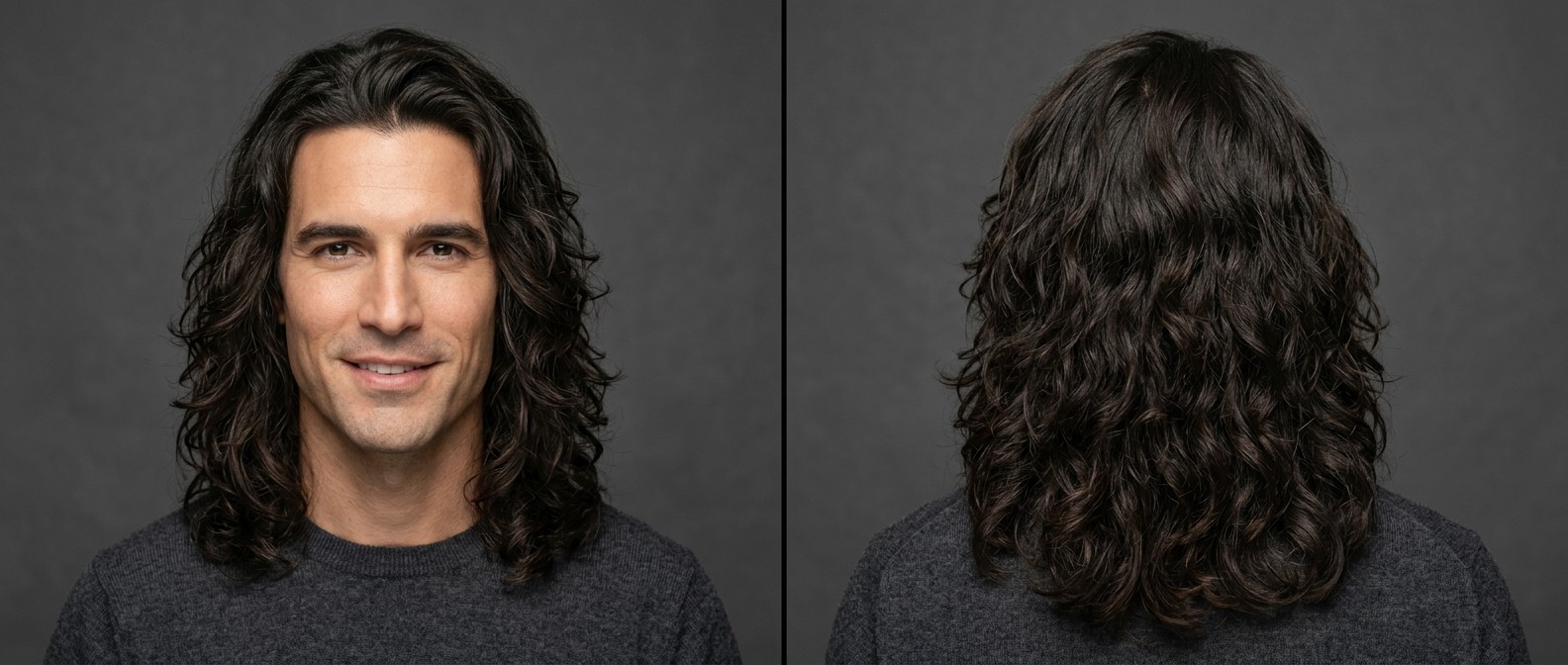 Front and back view of a handsome man with very long, dark brown, thick wavy hair featuring face-framing layers and a natural off-center part.