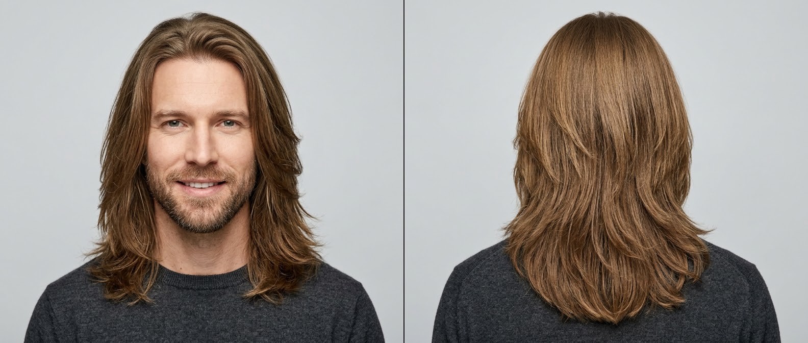 Front and back view of a man with thick, light brown hair styled in a shoulder-length layered cut with face-framing pieces and natural flow.