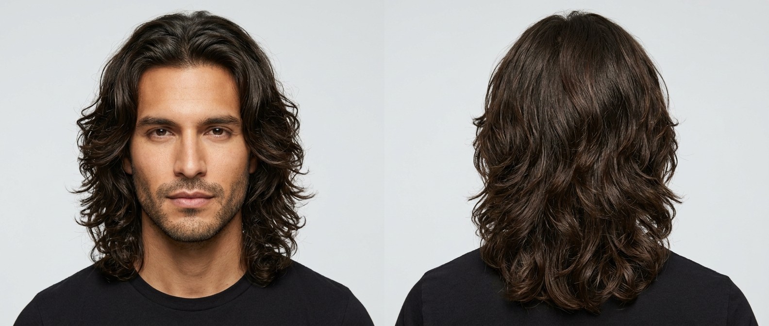 Latino man with olive skin and stubble modeling a long layered wavy hairstyle, showcasing cascading dark brown waves and a natural center part.