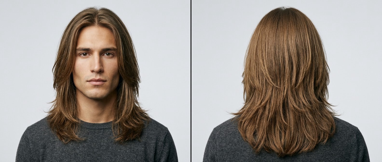 Front and back view of a young man with thick, straight light brown hair styled in a long layered center part with cascading back texture.