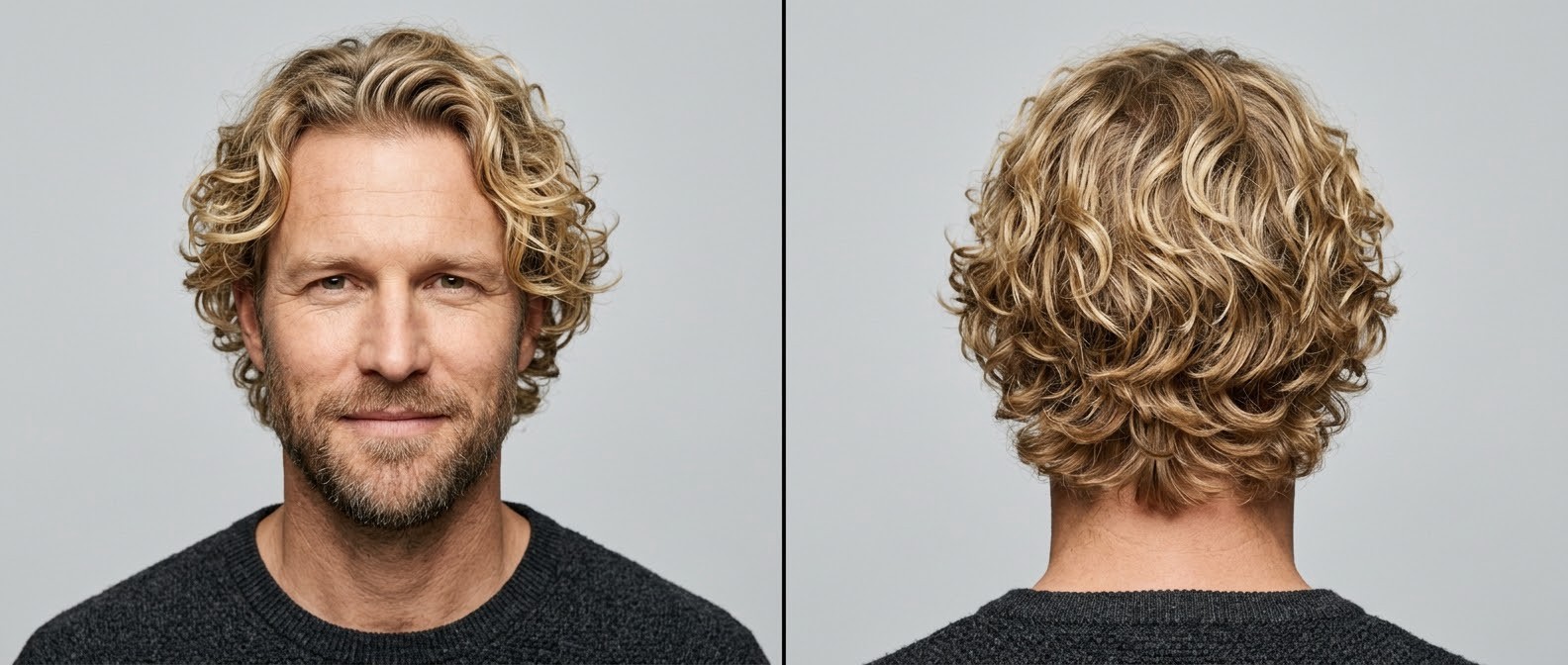 Mature blonde man with a short beard showcasing a long layered curly hairstyle, featuring natural bouncy ringlets and a swept-back front.
