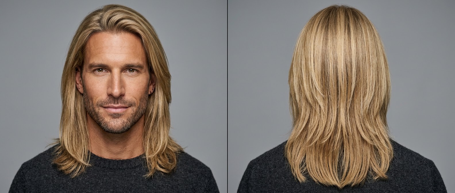 Front and back view of a 35 to 45-year-old man with a long layered blonde haircut, thick straight texture, and a stubble beard on a solid grey background.