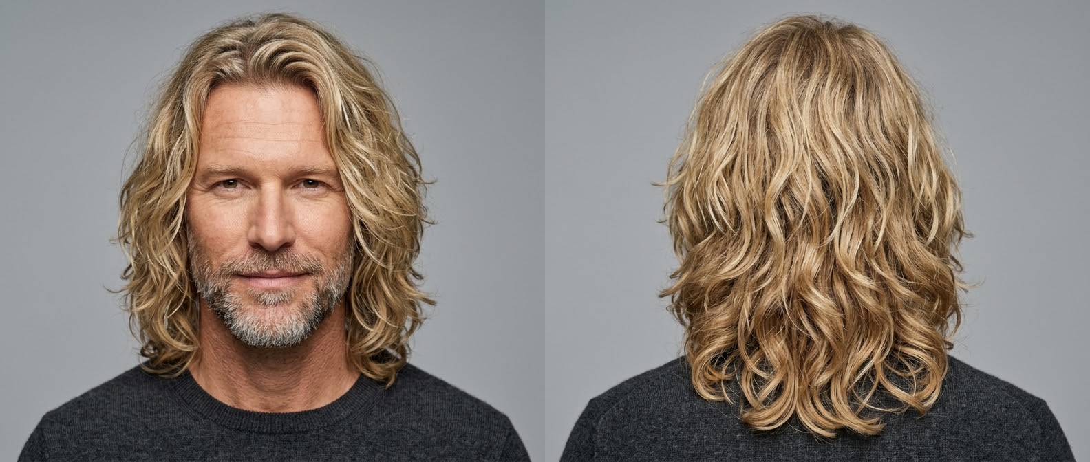 Mature man with a short beard showcasing a long layered wavy blonde hairstyle, featuring natural texture and face-framing layers.