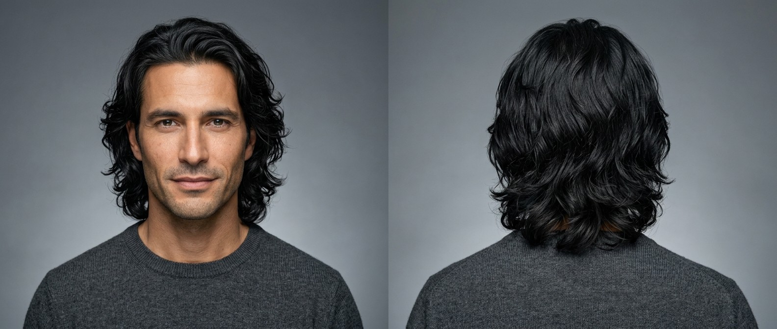 Dark-haired man with olive skin modeling a swept-back, long layered wavy hairstyle, showing front and back views of the textured cut.