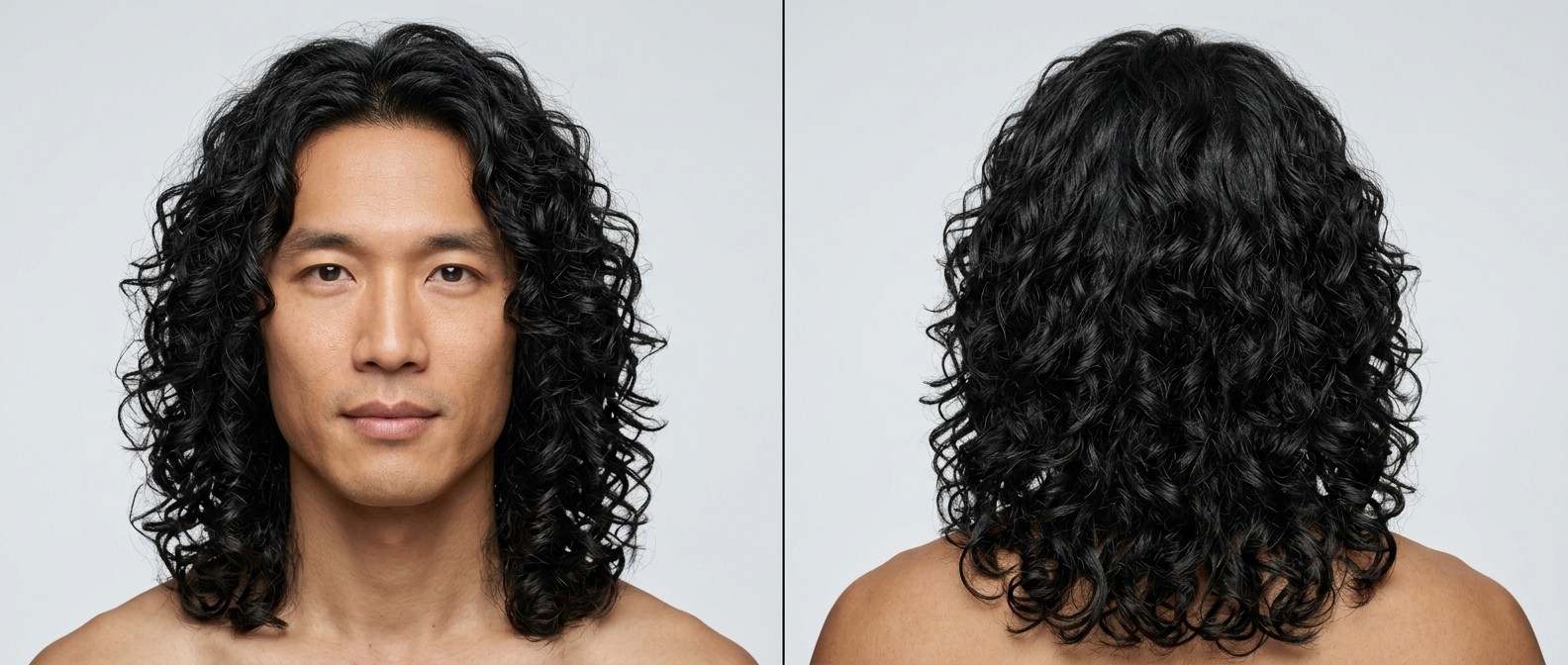 Asian man aged 35-45 with long, glossy, black Type 3 curly hair featuring deep layers and a center part, viewed from the front and the back.