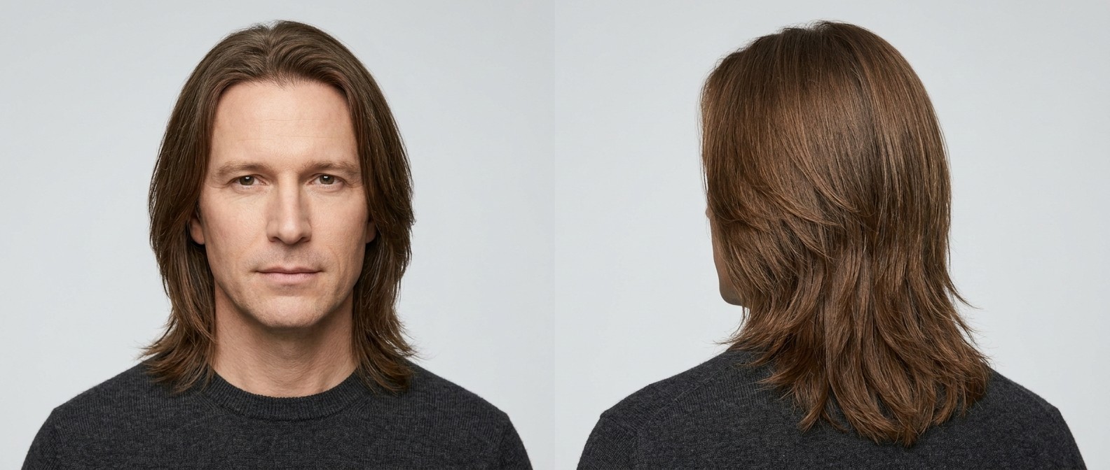 Mature man with light skin and no facial hair modeling a straight, long layered hairstyle with a subtle center part and naturally textured ends.