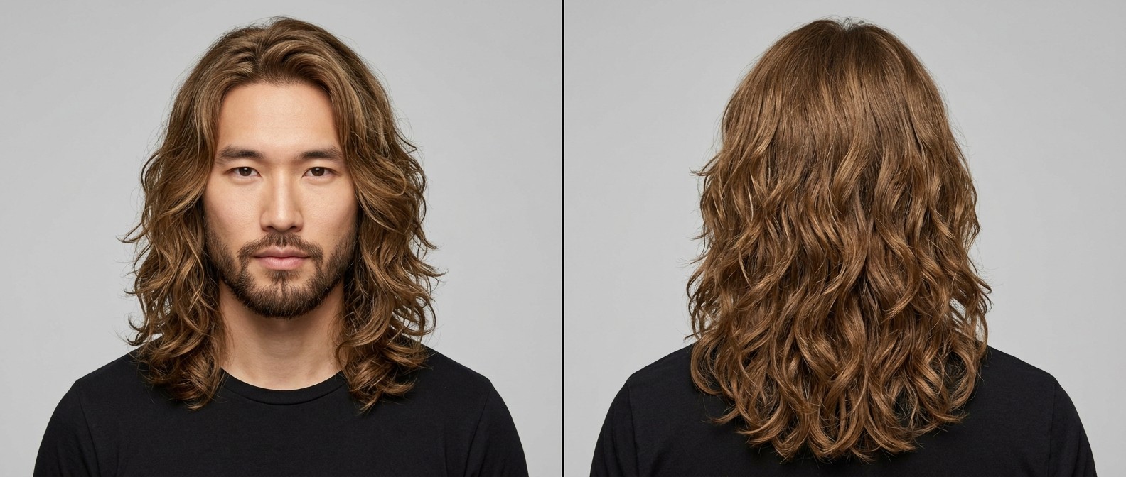 Front and back view of a man with a neat beard wearing a long, layered, wavy light brown hairstyle.