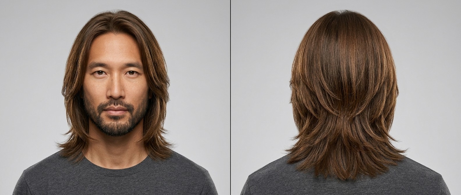 Asian man with a short beard modeling a center-parted long layered hairstyle, showcasing cascading feathered layers on straight brown hair.