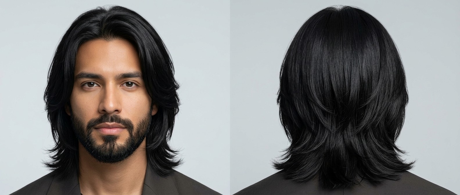 Front and back view of a man with a beard wearing a shoulder-length long layered haircut with cascading back layers and a subtle middle part.