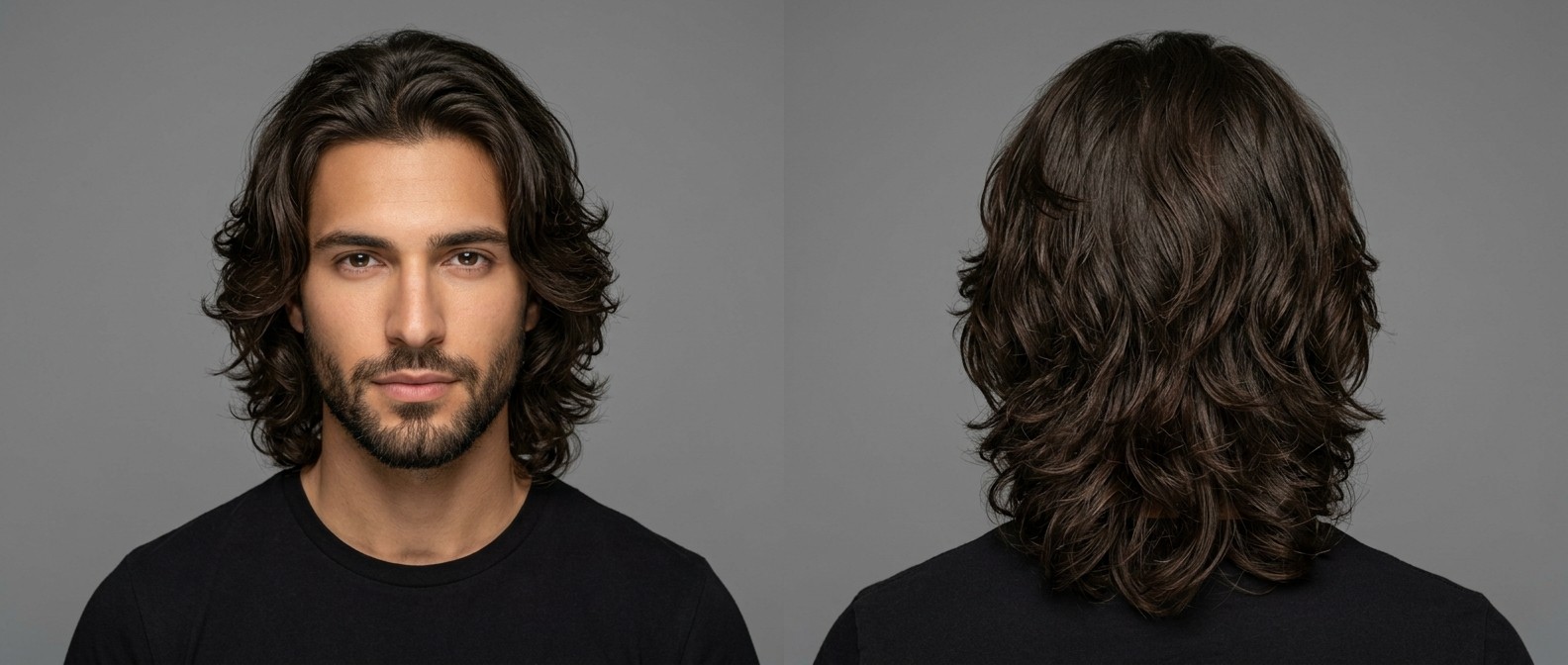 Front and back view of a man with olive skin and a short beard modeling a long layered wavy hairstyle swept back with natural volume.