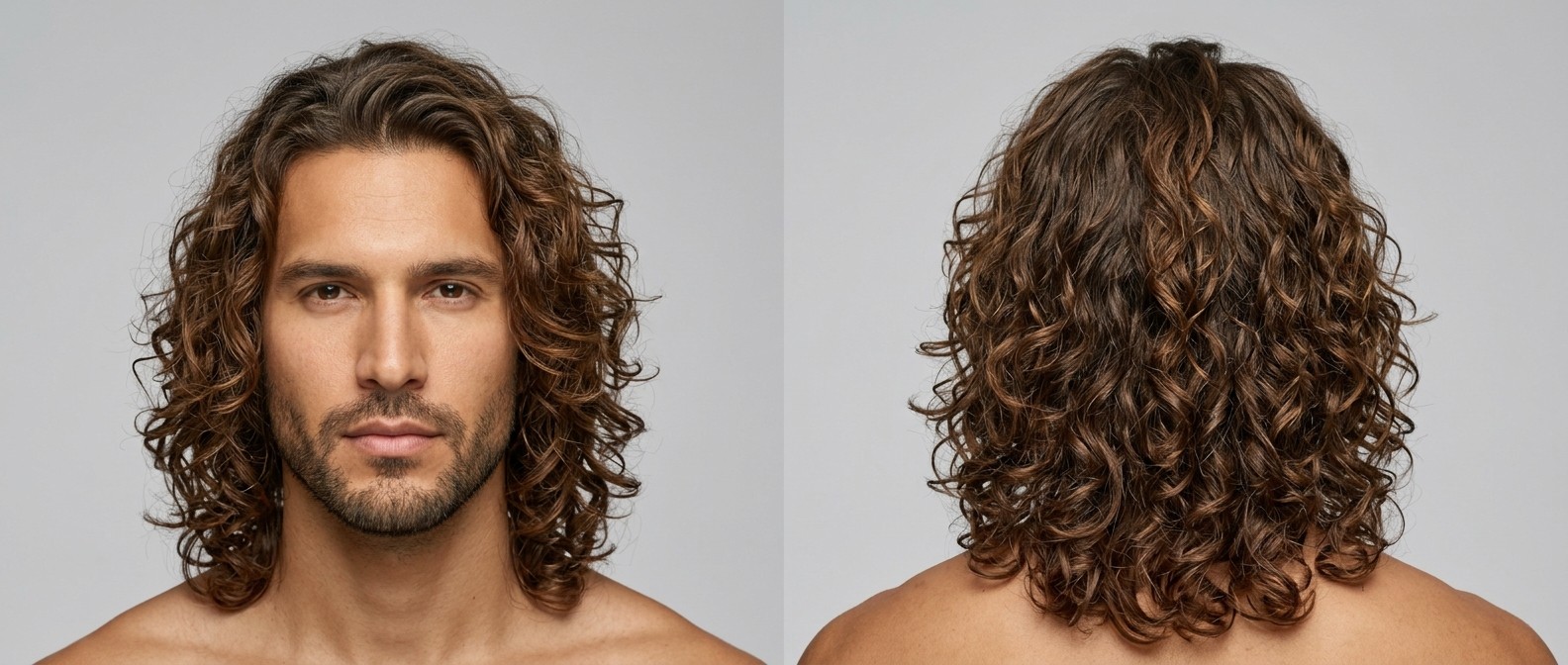 Front and back view of a Latino man with a square face and short beard modeling a long layered curly hairstyle with defined Type 3 brown ringlets.