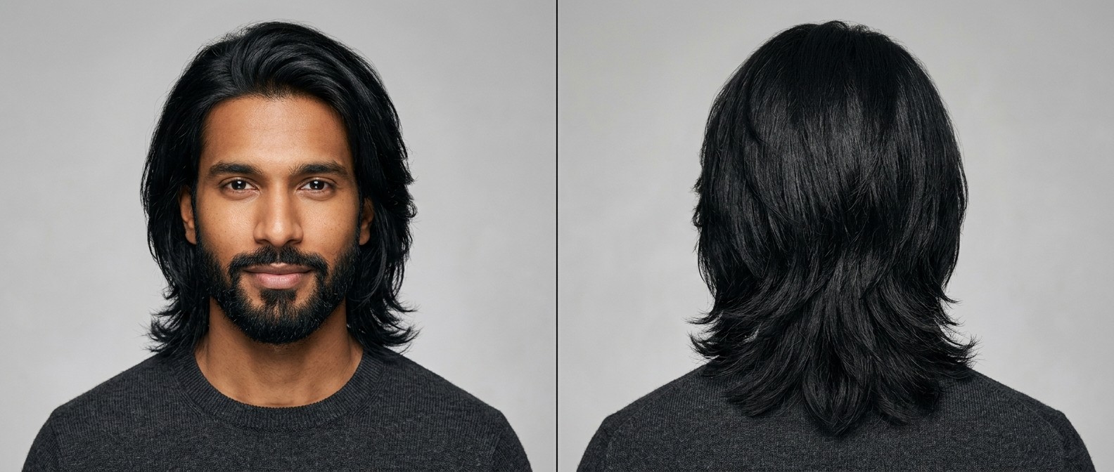 Front and back view of a man with thick, black, straight shoulder-length layered hair, swept back from the face, paired with a neat beard.