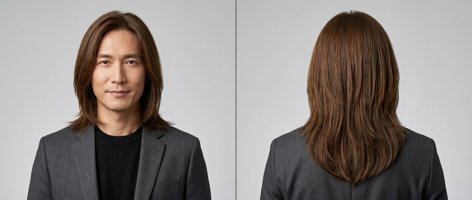 Front and back view of an Asian man over 45 with a sleek, long layered brown hairstyle, featuring face-framing pieces and a V-shaped back.