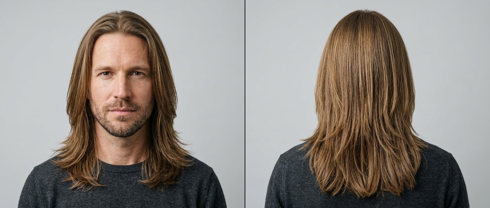 Front and back view of a 40-year-old man with a shoulder-length, long layered haircut for straight light brown hair, styled naturally.