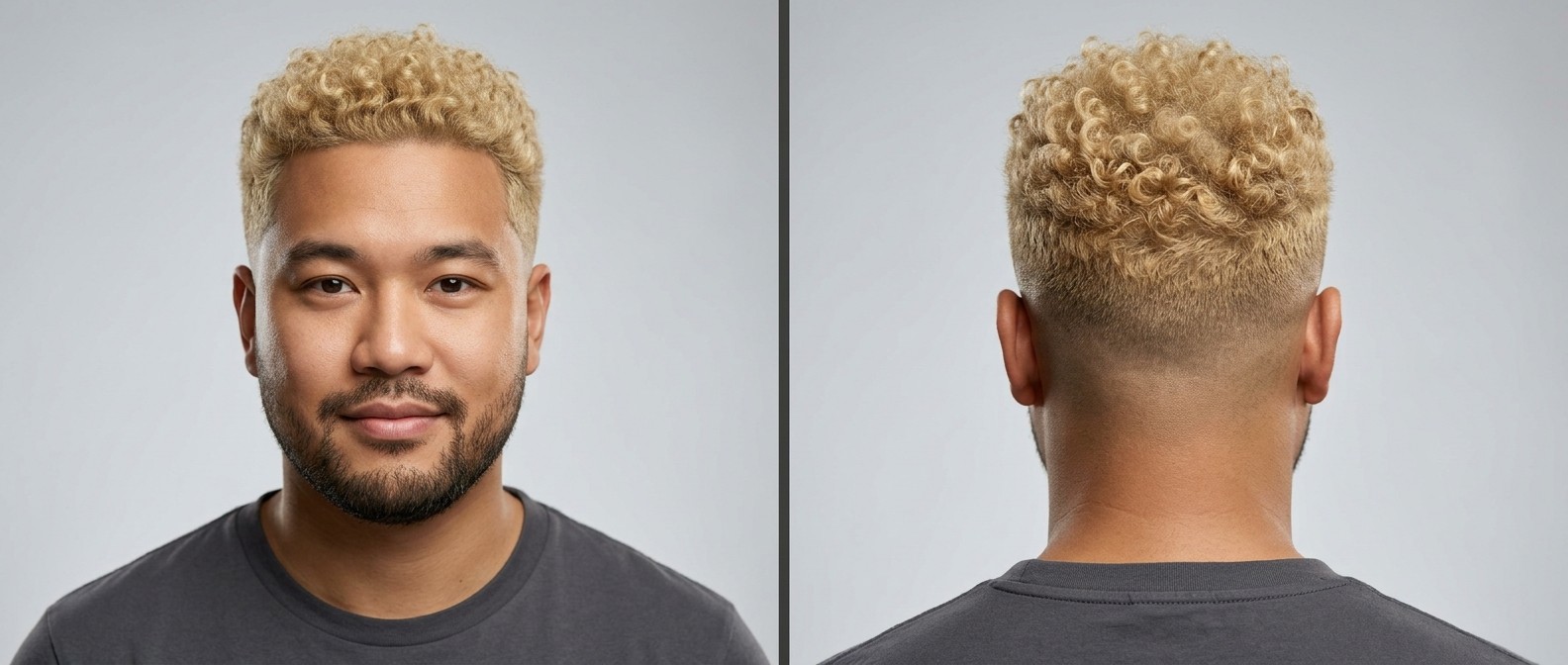 Asiatischer Mann mit kurzem dunklen Bart und blondierten, mittellangen Coiled Curls, gestylt mit einem präzisen Low Skin Fade.