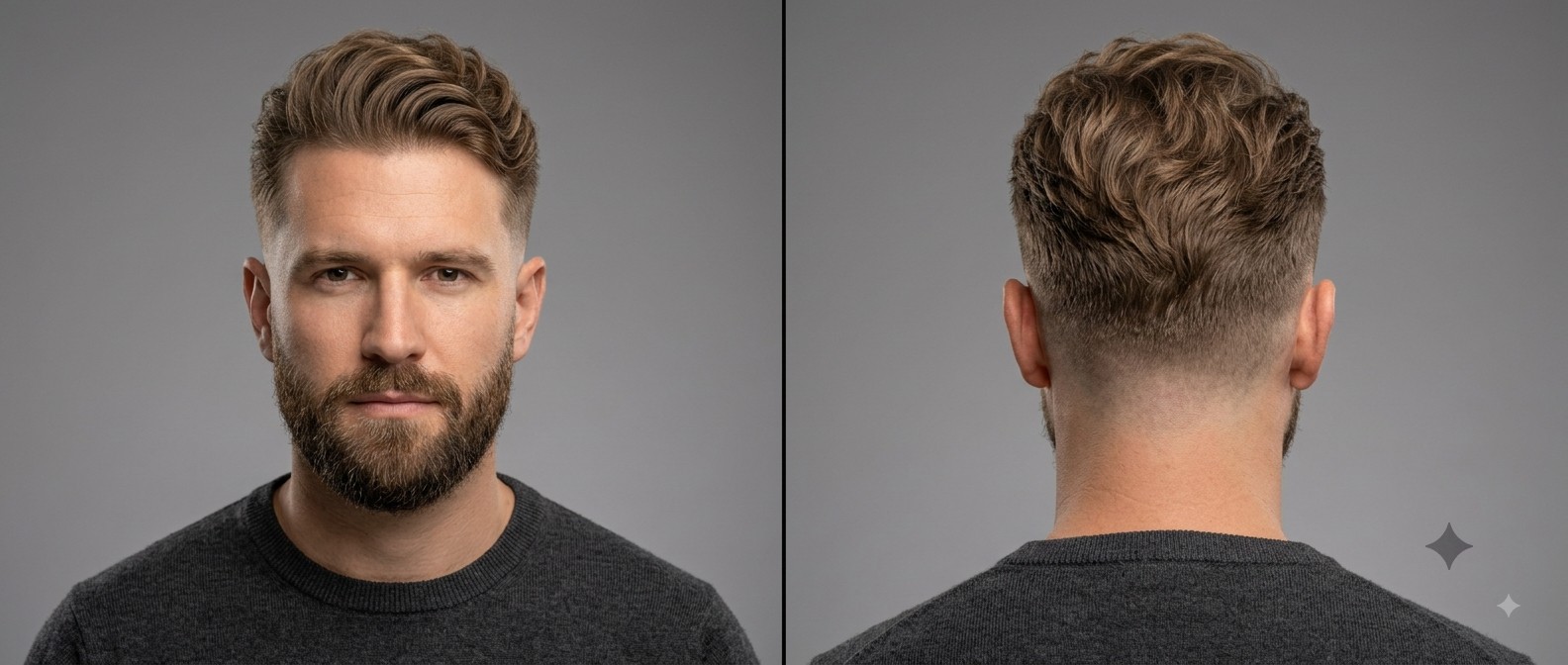 Front and back view of a Caucasian man with a neatly groomed beard wearing a wavy swept-back hairstyle with a low drop fade and textured crown.