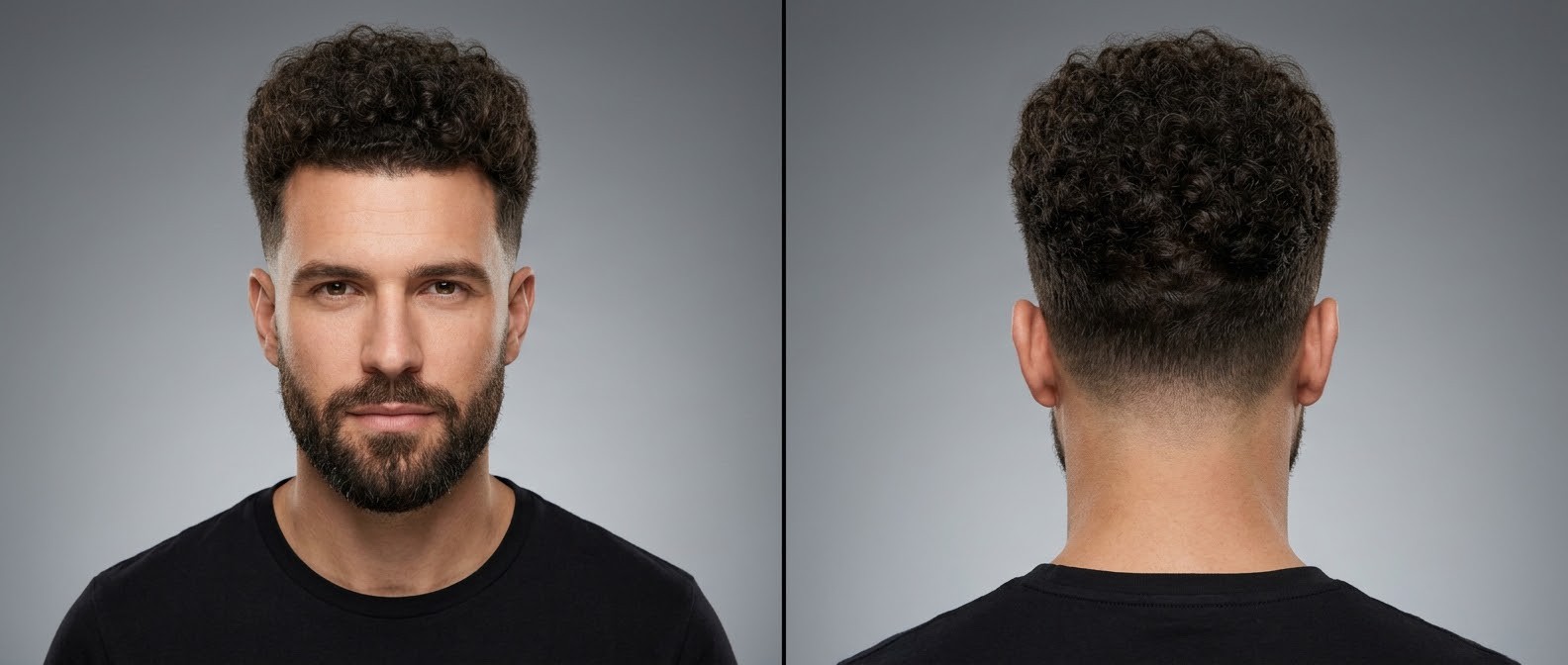 Front and back view of a Caucasian man with dark brown, tightly coiled curls, a sharp low drop fade, and a seamlessly blended, well-groomed beard.