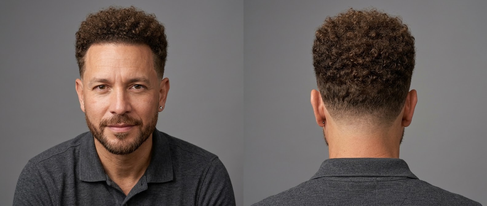 Mature Latino man featuring an elegant low fade haircut, short defined Type 4 brown curls, and a neatly groomed short beard on a grey background.